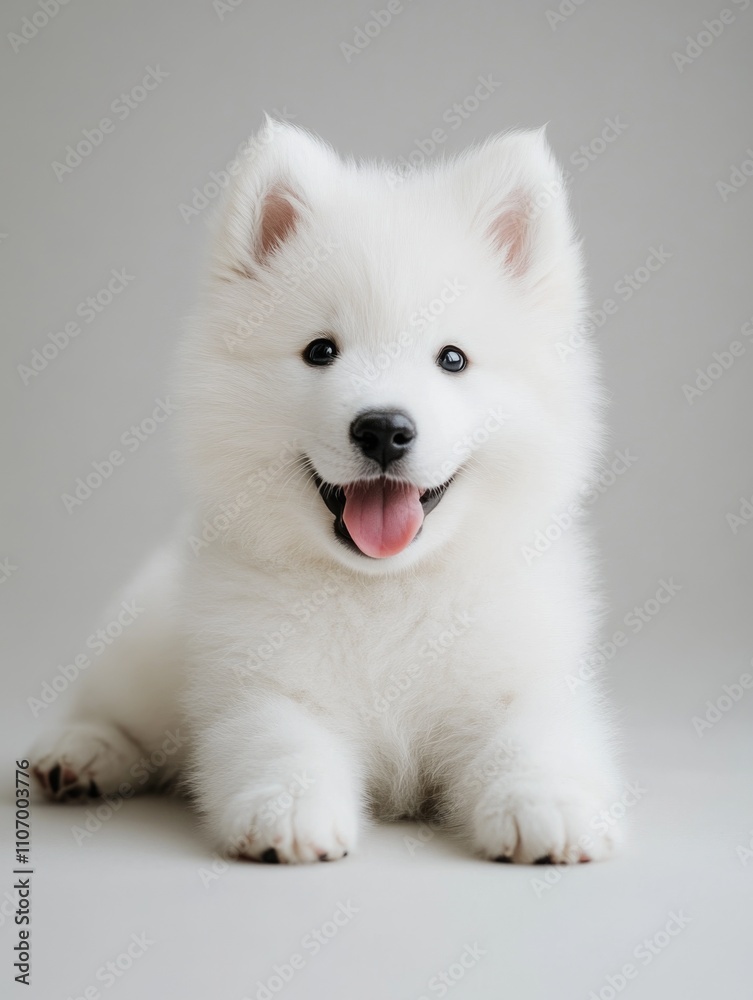 White puppy is laying on a white surface with its tongue out. The puppy is smiling and he is happy White puppy is laying on a white surface with its tongue out. The puppy is smiling and he is happy