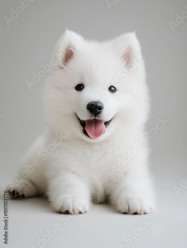 White puppy is laying on a white surface with its tongue out. The puppy is smiling and he is happy