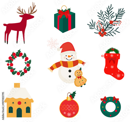 Set of vector Christmas icons elements design, Gift box, Stocking, Wreath, cookies, Christmas tree, candy, cookies, showman, house, Deer