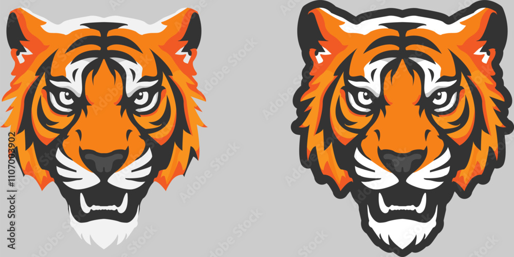 Fototapeta premium Tiger logo in two versions with and without outline. Icon, print, patch of tiger in color.