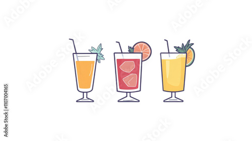 Refreshing Summer Drinks in Colorful Glasses with Garnishes