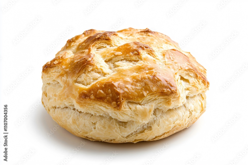 Golden brown baked pastry, showcasing its texture and round shape against a clean white backdrop Golden brown baked pastry, showcasing its texture and round shape against a clean white backdrop