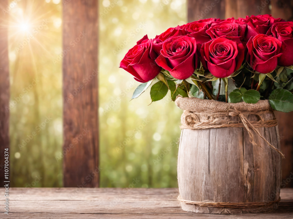 Romantic Red Roses in Rustic Wooden Vase Romantic Red Roses in Rustic Wooden Vase