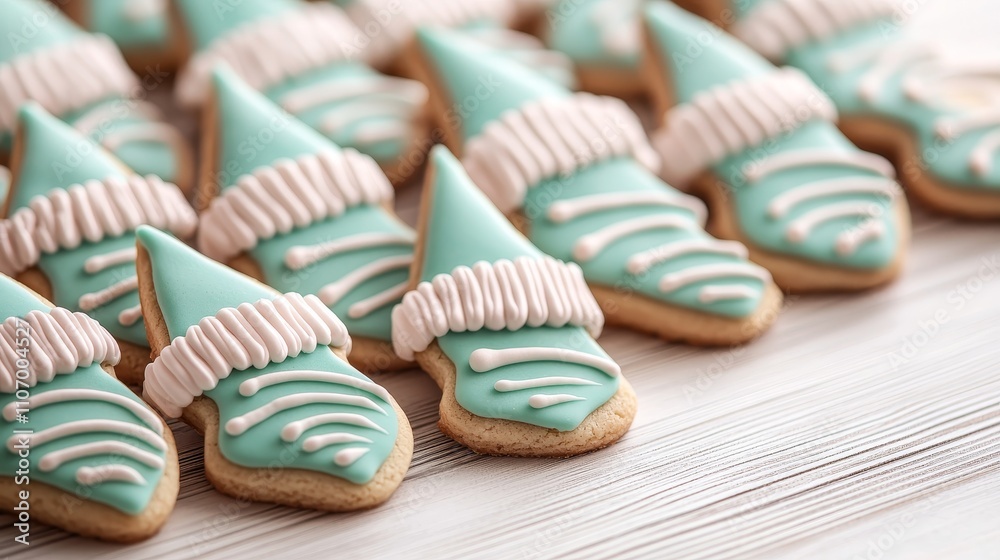 Bright and colorful elf-shaped cookies with detailed icing work, pointy hats and striped stockings, close-up of playful holiday treats for kids Bright and colorful elf-shaped cookies with detailed icing work, pointy hats and striped stockings, close-up of playful holiday treats for kids