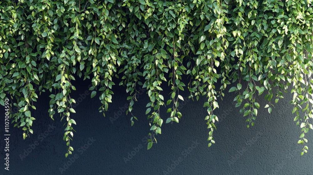 Fototapeta premium Lush Green Vines Hanging Against a Dark Grey Wall