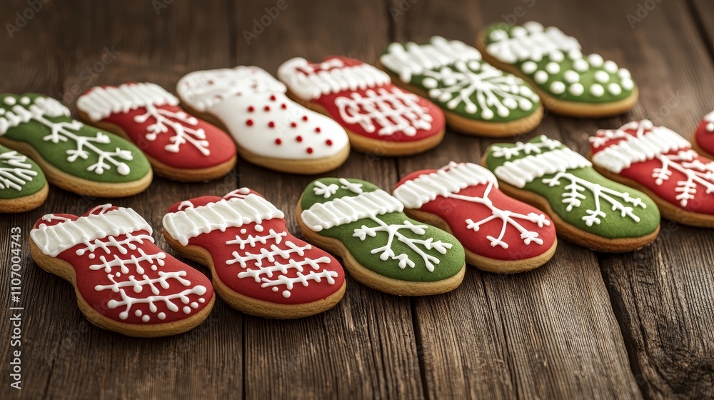 Brightly decorated mitten cookies on a rustic wooden table, topped with cheerful holiday-colored icing, perfect for Christmas treats, festive dessert display