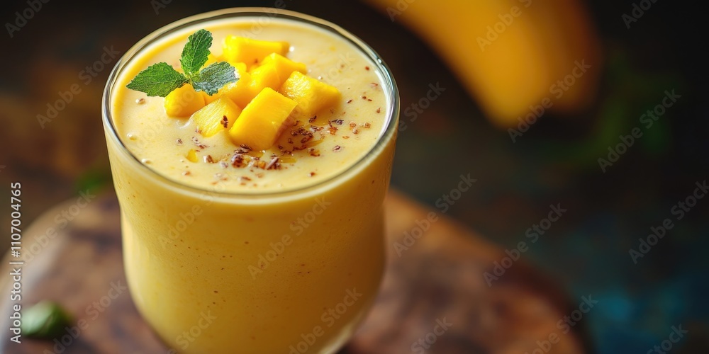 Glass of smoothie with a banana and mint leaves on top. The smoothie is yellow and looks delicious Glass of smoothie with a banana and mint leaves on top. The smoothie is yellow and looks delicious