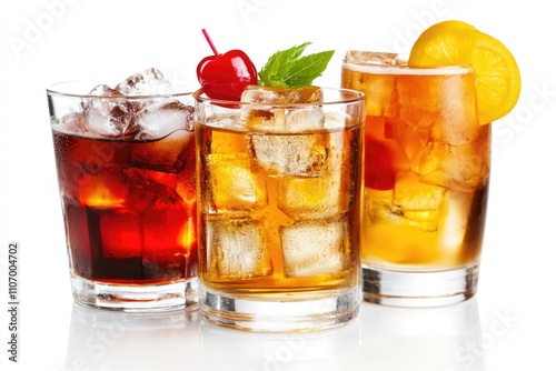 Three glasses of different colored drinks with ice cubes in them. The drinks are a mix of soda, tea, and lemonade