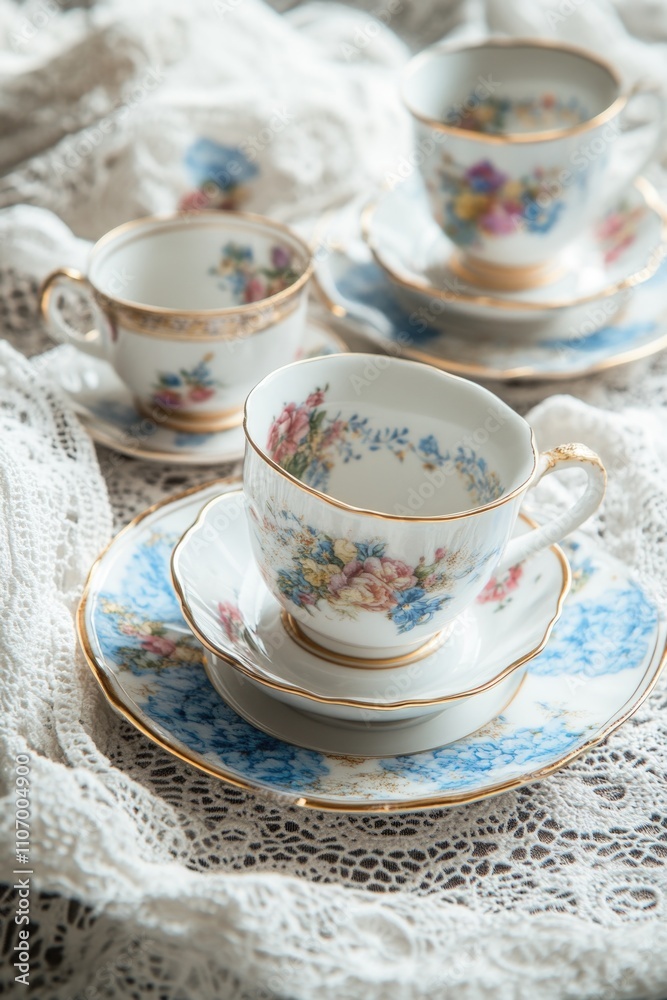 Set of white and blue tea cups and saucers are arranged on a white cloth. The cups are decorated with flowers and the saucers are blue. The arrangement gives off a sense of elegance Set of white and blue tea cups and saucers are arranged on a white cloth. The cups are decorated with flowers and the saucers are blue. The arrangement gives off a sense of elegance