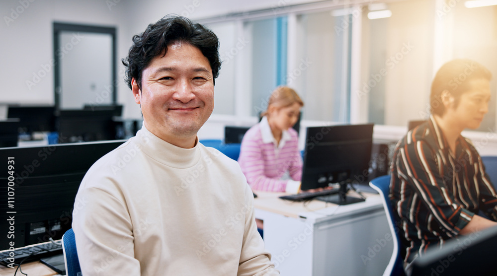 Portrait, man and business people in office, computer and smile with career ambition. Japan, coworking and group with journalist, tech and internet with website info, magazine editor and copywriting Portrait, man and business people in office, computer and smile with career ambition. Japan, coworking and group with journalist, tech and internet with website info, magazine editor and copywriting