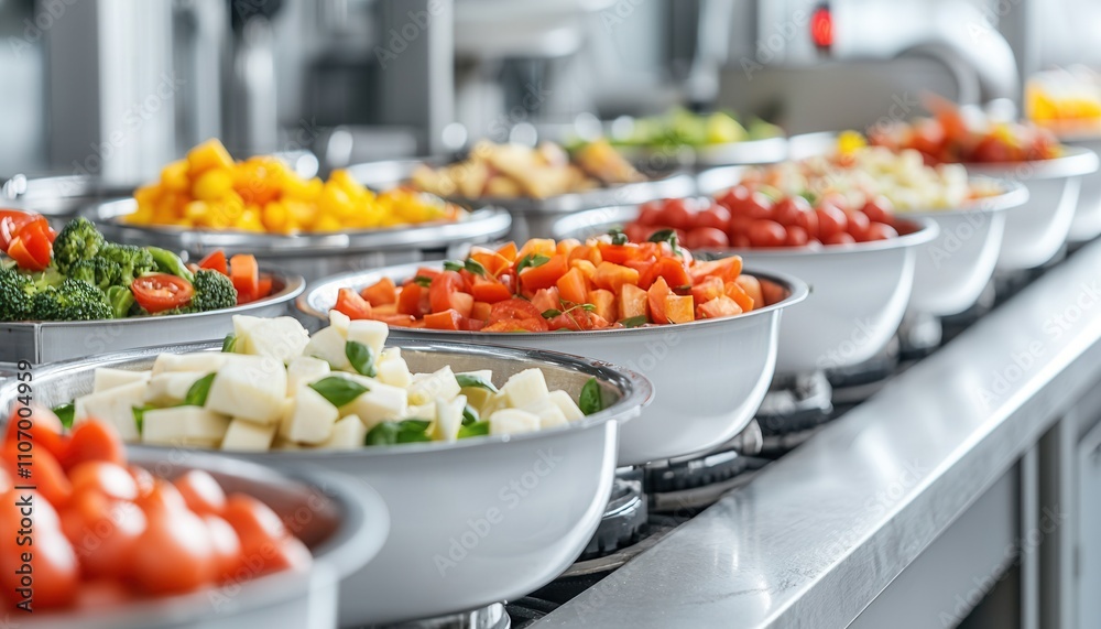 A vibrant display of fresh, chopped vegetables in bowls, neatly arranged on a kitchen counter, showcasing culinary preparation. A vibrant display of fresh, chopped vegetables in bowls, neatly arranged on a kitchen counter, showcasing culinary preparation.