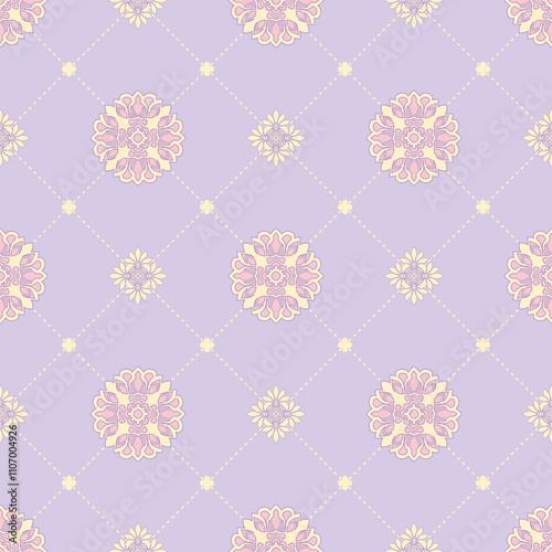 Pastel Color Damask Monogram on Pale purple Background. Vintage Floral Seamless pattern. Designed for fabric, traditional embroidery, art wallpaper, textile, wrapping, rug