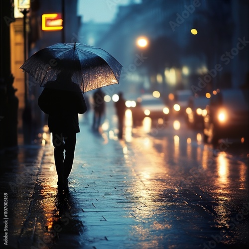 Solitary Stroll in the Rainy City at Night photo