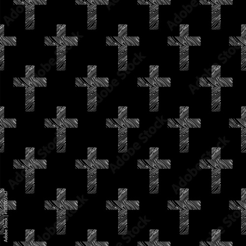 Christian cross icon isolated seamless pattern on black background