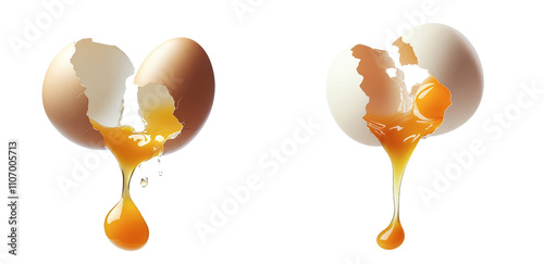 High-Quality PNG of Chicken egg shell cracked in half,  egg yolk and white dropping out Isolated on White Background – High Resolution
