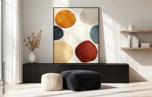 Art frame with orange and blue abstract print in living room photo