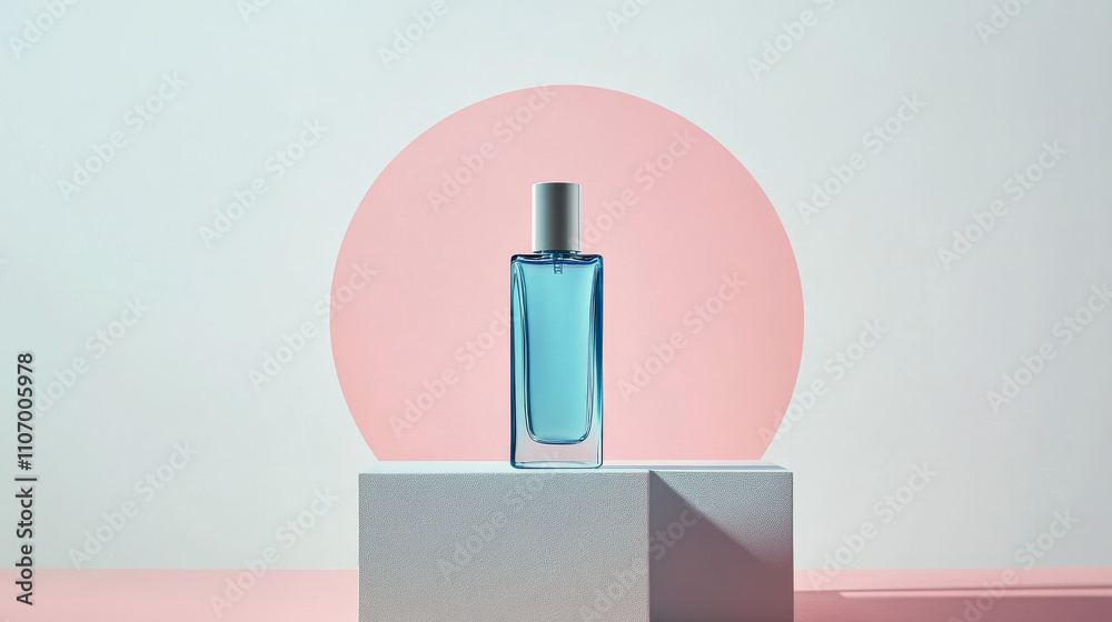 Elegant blue bottle placed on a minimalist geometric display with a pink circular backdrop.