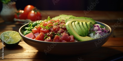 Bowl of food with avocado and tomatoes. The bowl is on a wooden table. The food looks healthy and colorful