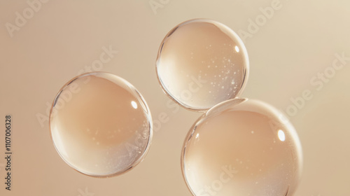 Floating cosmetic dropper bottles with a beige background and minimalistic style, emphasizing modern and elegant design.