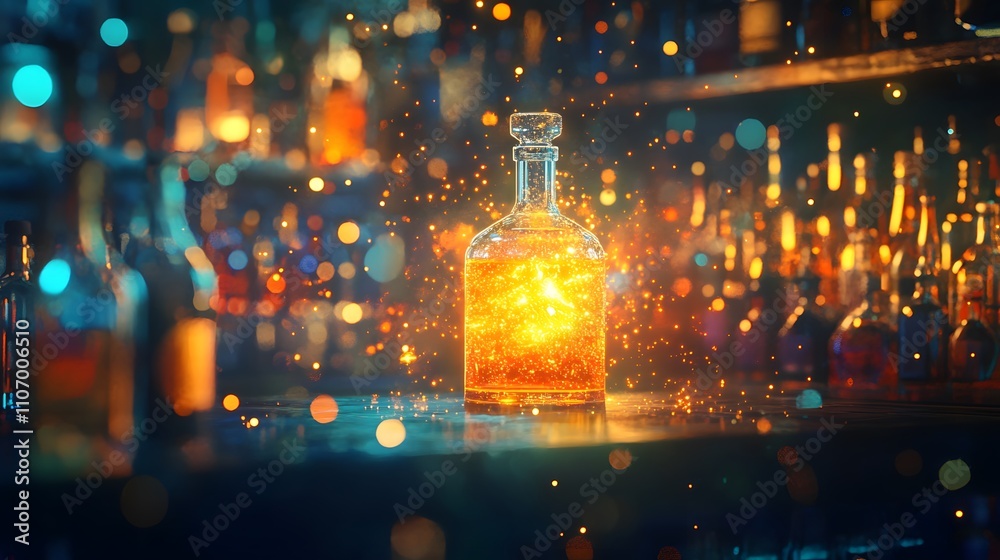 Glowing liquor bottle on bar counter with blurred background. Glowing liquor bottle on bar counter with blurred background.