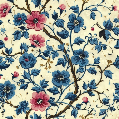 Delicate floral pattern featuring slender branches with vibrant blue and pink flowers on a cream background, ideal for textile design or wallpaper