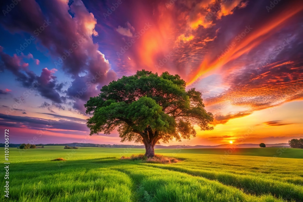Fototapeta premium Majestic Big Tree Overlooking a Lush Green Field in the Countryside at Sunset with Vibrant Sky Colors and Tranquil Atmosphere – Perfect for Nature and Landscape Photography
