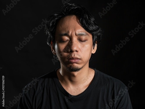 Man with a beard and dark hair is looking down at his face. He is wearing a black shirt and he is in a contemplative mood