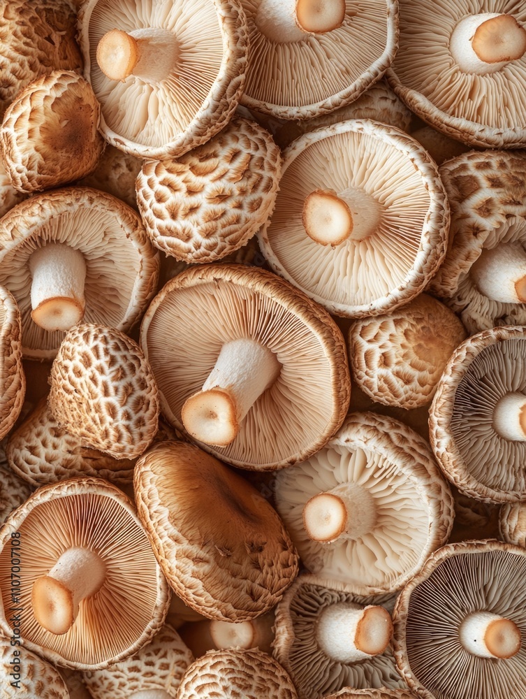 Close up of many mushrooms with the top of the mushroom showing the stem. The mushrooms are all different sizes and shapes Close up of many mushrooms with the top of the mushroom showing the stem. The mushrooms are all different sizes and shapes