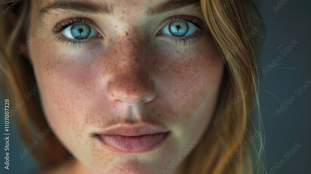 Woman with blue eyes and a red nose. She has a blue shirt on. The woman has a blue eye shadow on her left eye Woman with blue eyes and a red nose. She has a blue shirt on. The woman has a blue eye shadow on her left eye