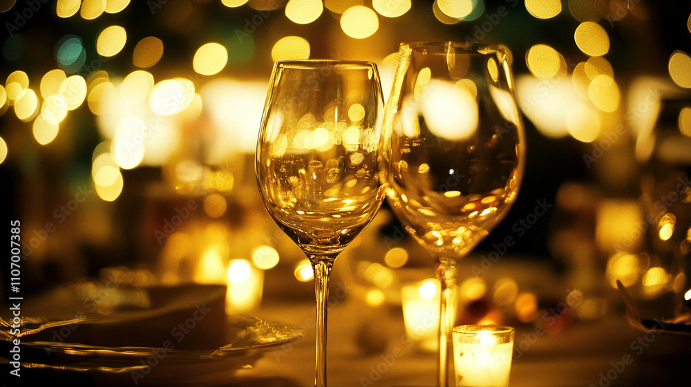 Photo of a Christmas table setting with wine glasses and plates, blurred background with lights and decorations Photo of a Christmas table setting with wine glasses and plates, blurred background with lights and decorations