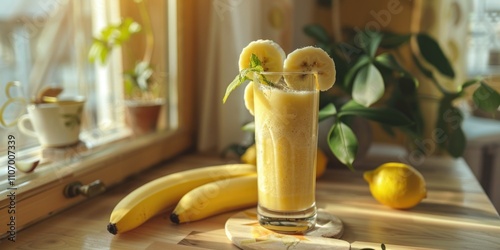 Glass of banana smoothie sits on a coaster next to a bunch of bananas and a lemon