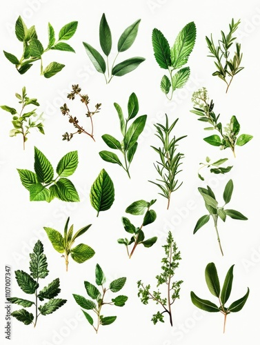 Collection of green leaves, including parsley, basil, and rosemary. The leaves are arranged in a grid pattern, with some overlapping and others standing alone