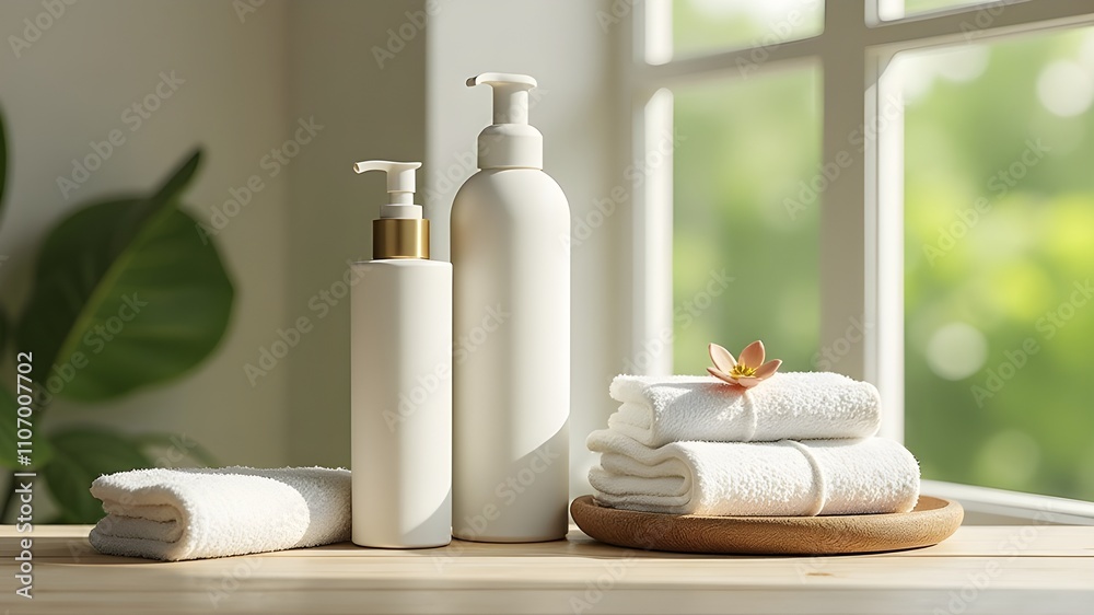 Set of cosmetic products on light background. White plastic pump bottle for shampoo, lotion mockup. Set of cosmetic products on light background. White plastic pump bottle for shampoo, lotion mockup.