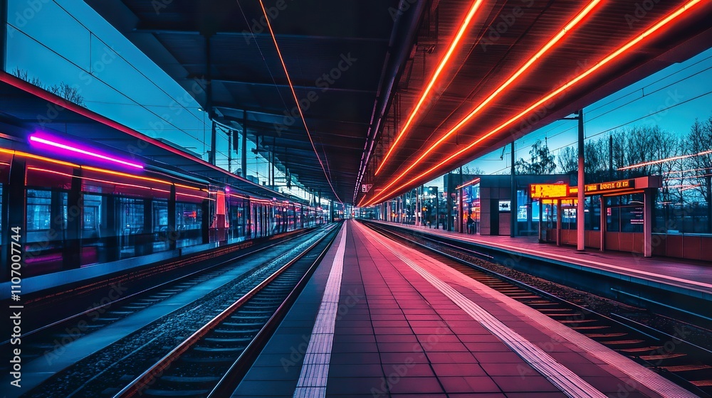 Neon-lit train platform at twilight. Empty tracks, vibrant lights. Neon-lit train platform at twilight. Empty tracks, vibrant lights.