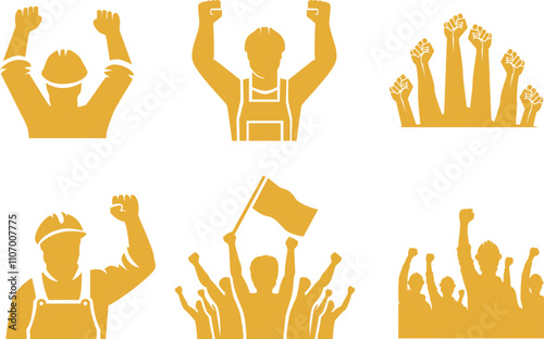Labour raising hand silhouette concept set. Labour day concept collection vector design.