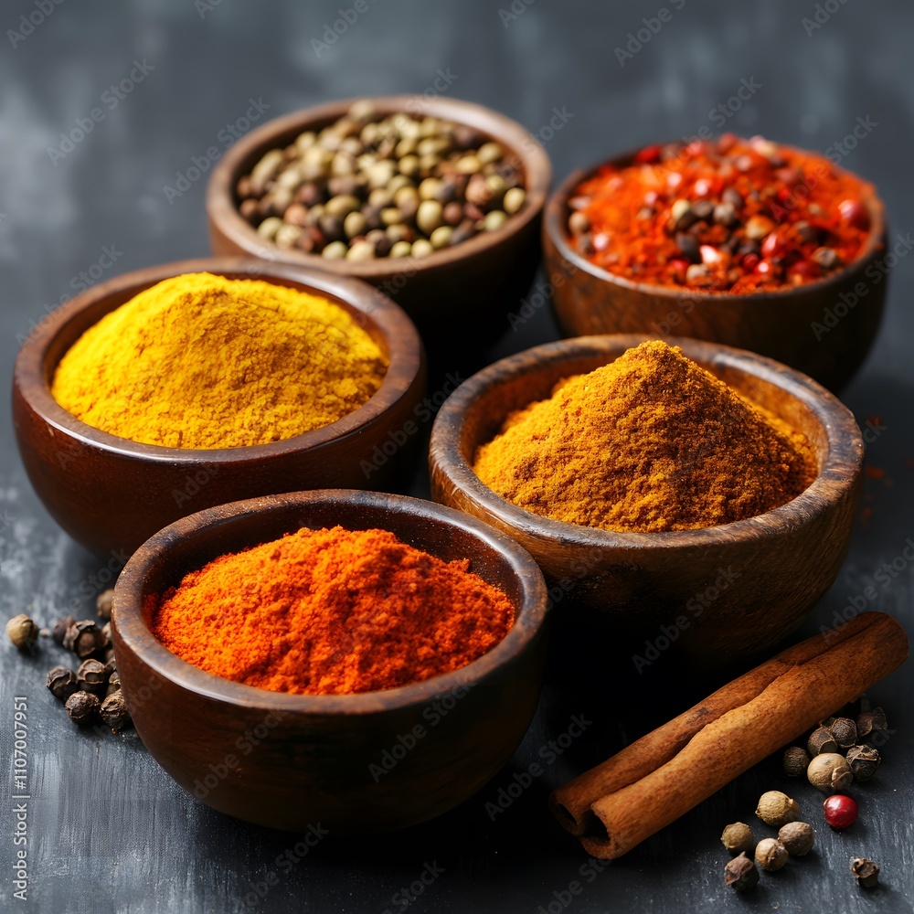 Turmeric, cumin, cinnamon, and paprika, rich in color.
Turmeric, cumin, cinnamon, and paprika, rich in color.