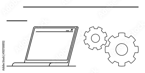 Open laptop next to two gears representing system settings and configuration management. Ideal for technology integration, technical support, IT development, automation, system optimization, digital