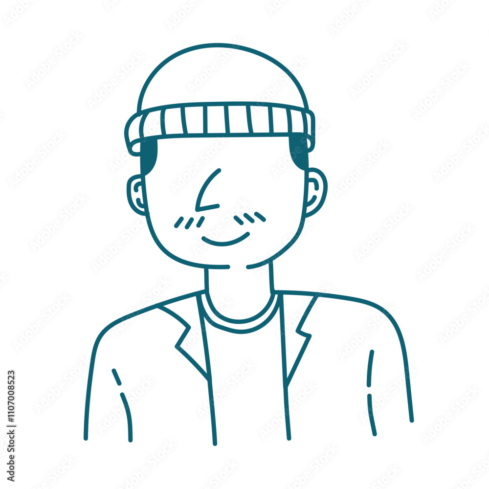 Smiling Man in Beanie: Simple line art illustration of a happy man wearing a beanie and a jacket. Perfect for avatars, websites, or app designs. Smiling Man in Beanie: Simple line art illustration of a happy man wearing a beanie and a jacket. Perfect for avatars, websites, or app designs.