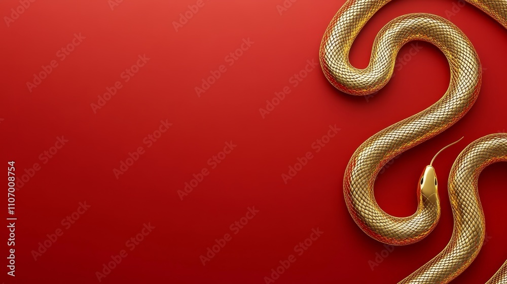 Elegant Golden Snake Coiled in Minimalist Design on Red Background Elegant Golden Snake Coiled in Minimalist Design on Red Background