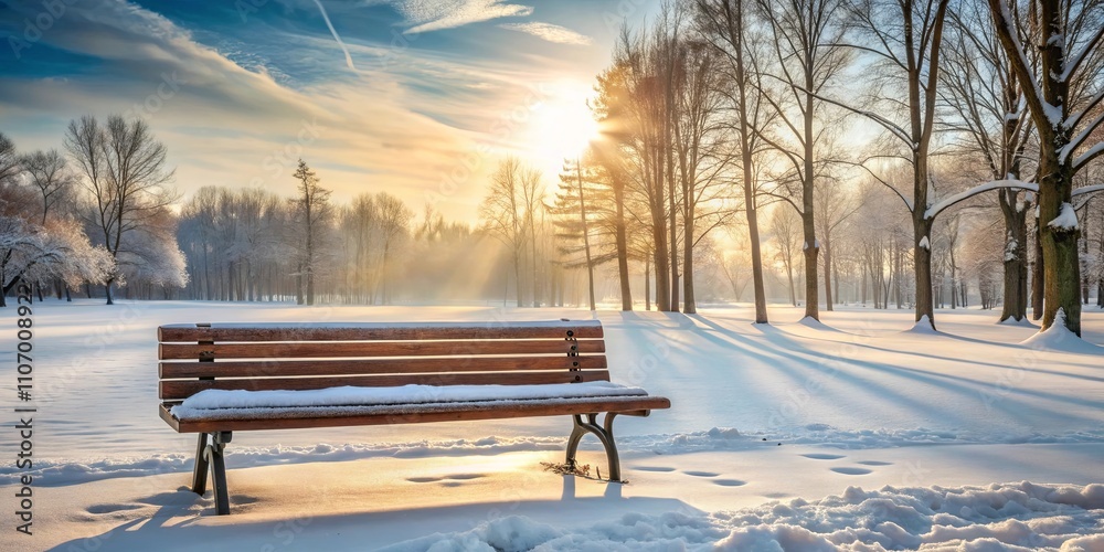 Serene winter park scene with a snow-covered bench at sunrise, exhibiting the tranquil beauty of a snowy landscape Serene winter park scene with a snow-covered bench at sunrise, exhibiting the tranquil beauty of a snowy landscape