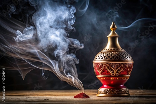 Red Gold Arabic Bukhoor Burner Agarwood Incense Mabkhara Smoke Black Background Ramadan Eid Majlis photo