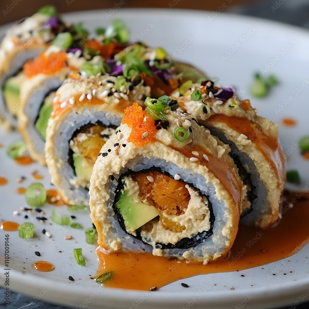 Sushi rolls with hummus and olives.
Sushi rolls with hummus and olives.