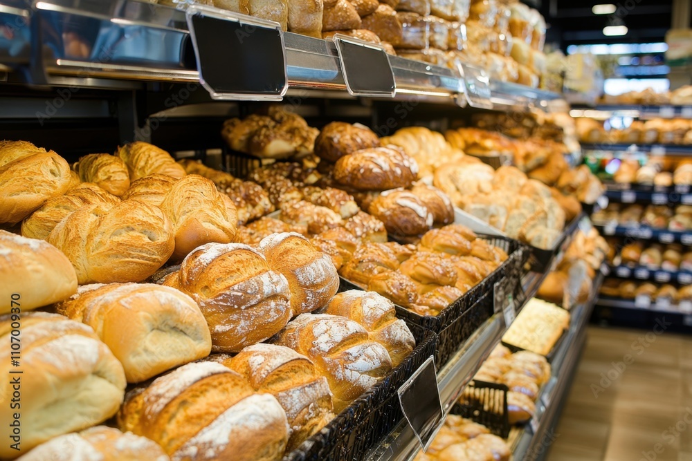 A busy grocery store bakery section with fresh bread and pastries on display. The upper half of the image is blank, suitable for branding or product information related to bakery items A busy grocery store bakery section with fresh bread and pastries on display. The upper half of the image is blank, suitable for branding or product information related to bakery items