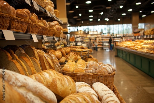 A busy grocery store bakery section with fresh bread and pastries on display. The upper half of the image is blank, suitable for branding or product information related to bakery items photo