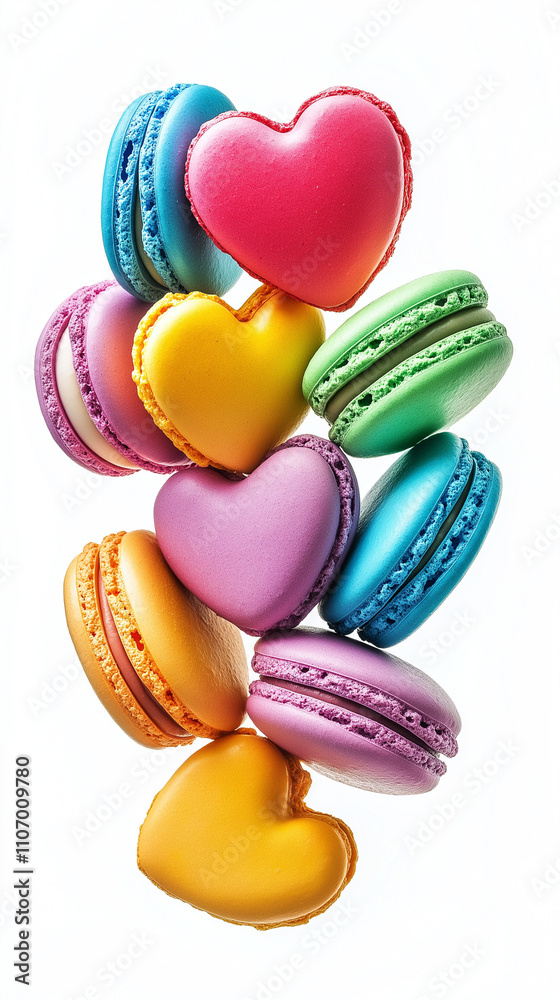 Fototapeta premium Heart shaped macarons, colorful macaroon desserts, bakeries, cafes, Valentine's Day, party desserts