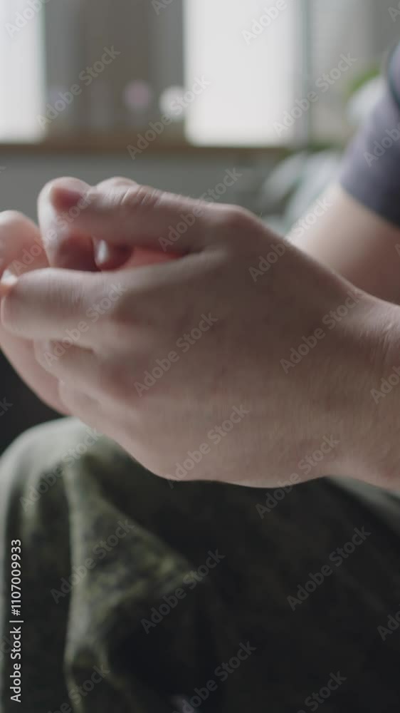 Vertical close-up shot of unrecognizable male soldier anxiously holding his hands during therapy session in office Vertical close-up shot of unrecognizable male soldier anxiously holding his hands during therapy session in office