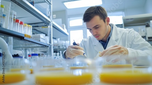 A clinical microbiologist studying bacterial cultures in a microbiology laboratory, with microbial growth media and microbiological research equipment visible, Microbiology style photo