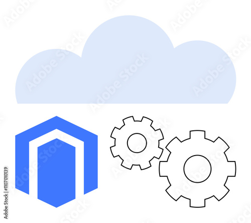 Cloud, two gears, and a hexagonal structure symbolizing cloud computing, process automation, and technology integration. Ideal for IT solutions, cloud services, digital transformation, web, v09 photo