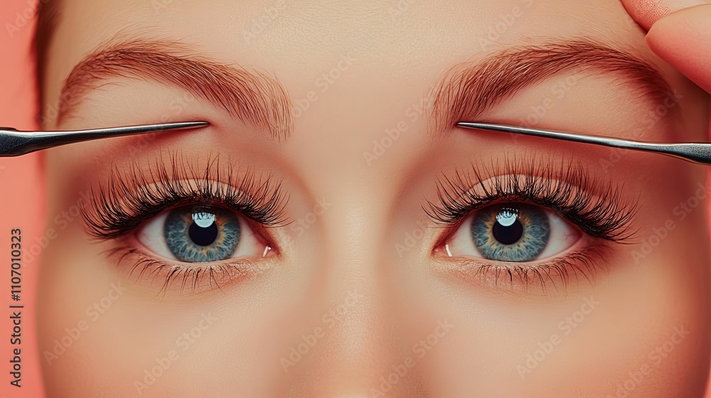 Close up of a womans eyes with tweezers near eyebrows Close up of a womans eyes with tweezers near eyebrows