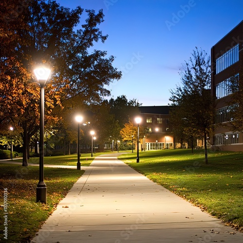 A pathway lined with lampposts leading to a building in the distance, lit up by the evening light.